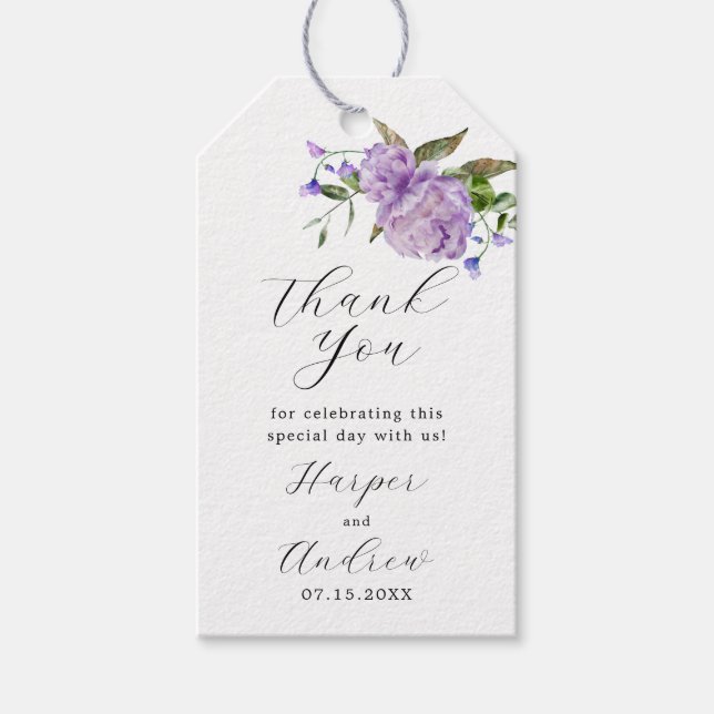 Étiquettes-cadeau Merci de Mariage floral pourpre (Devant)