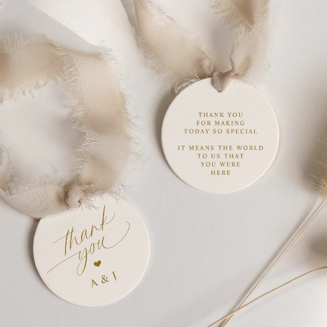 Étiquettes Cadeau Merci de Mariage romantique Gold et Ivory Cream (Gold Wedding Favor Tags - Romantic Script Ivory - Modern Circle Thank You Favor Tags)