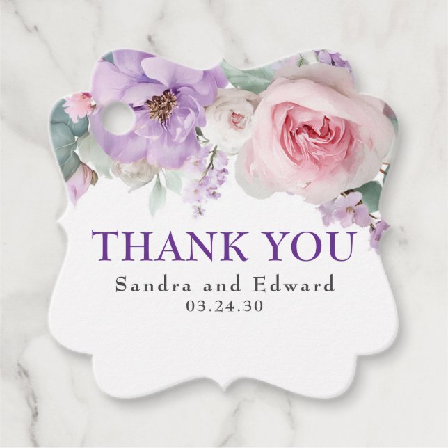 Étiquettes Cadeau Merci de Mariage végétal rose et violet (Devant)