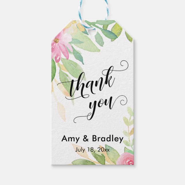 Étiquettes-cadeau Merci de script de fleurs roses Mariage personnali (Devant)