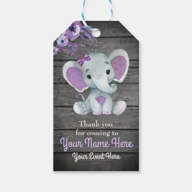 Étiquettes-cadeau Merci d'éléphant violet balise Fleurs rustiques (Devant)