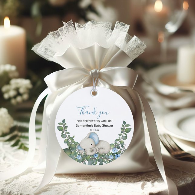 Étiquettes Cadeau Merci doux bleu éléphant Baby shower (Créateur téléchargé)