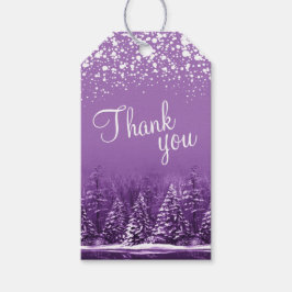 Étiquettes-cadeau Merci écriture neige blanche et arbres violets art