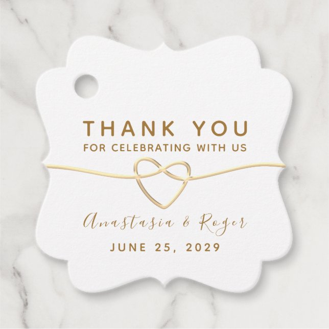Étiquettes Cadeau Merci, Élégant Mariage Or Blanc (Devant)