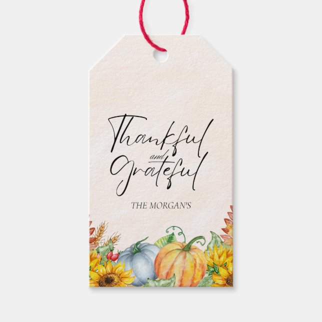 Étiquettes-cadeau Merci et Grateful Citrouille Sunflower Nom personn (Devant)
