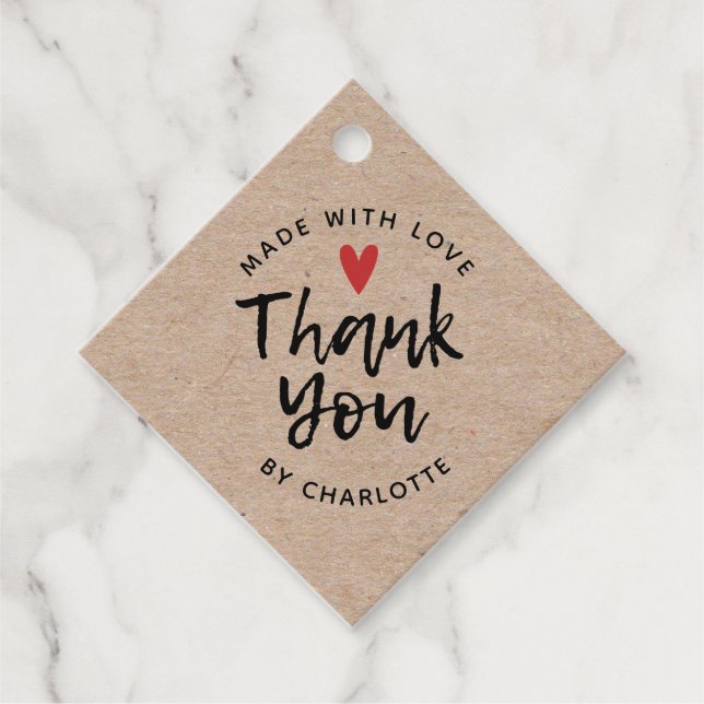 Étiquettes Cadeau Merci fait main avec amour rustique Kraft (Devant)
