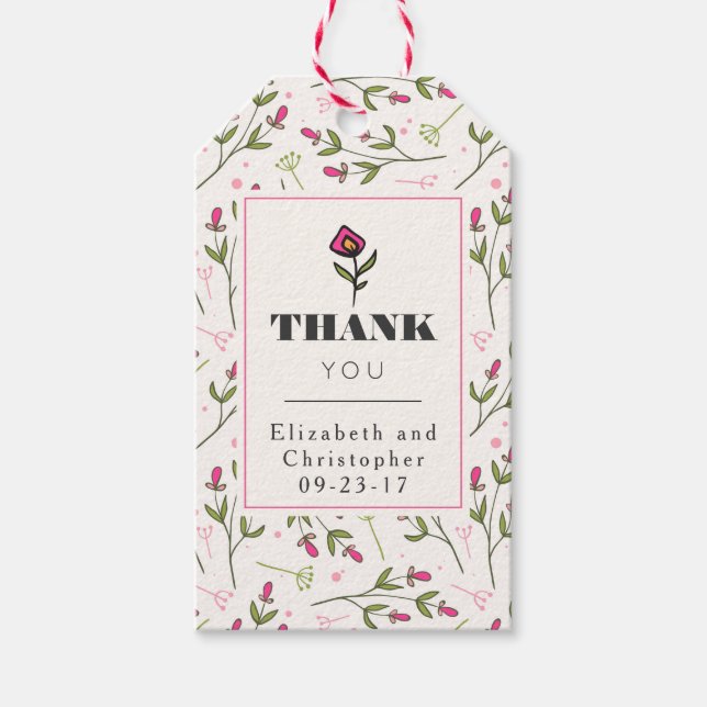 Étiquettes-cadeau Merci Fleur sauvage à longue tige rose et vert (Devant)