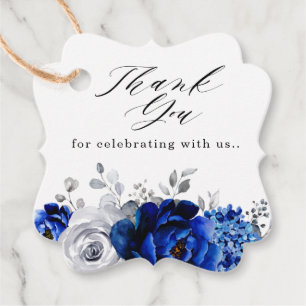 Étiquettes Cadeau Merci floral bleu bleu blanc Royal
