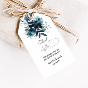 Étiquettes-cadeau Merci floral bleu de la marine céleste