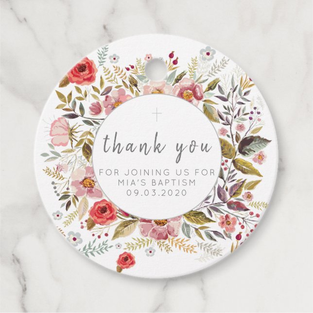 Étiquettes Cadeau Merci floral Bonbonniere Ballotin de baptême (Devant)