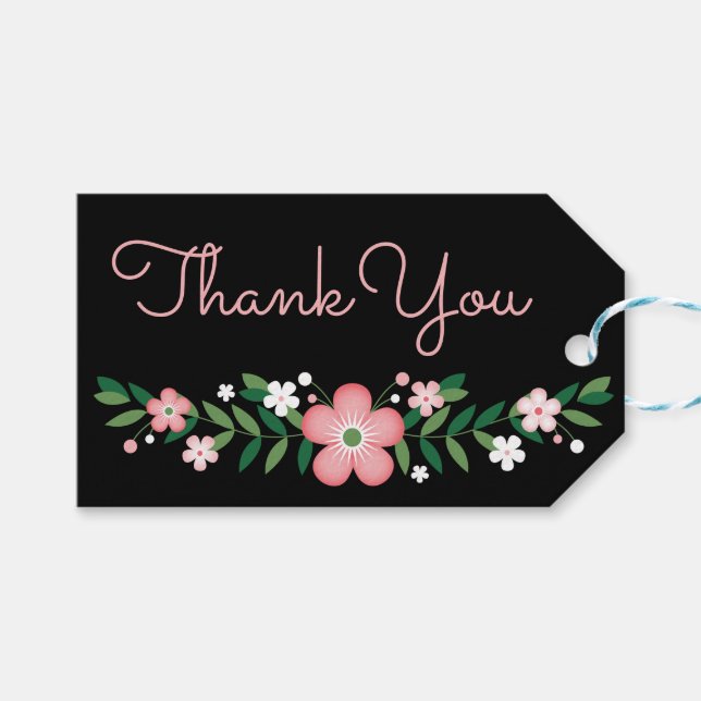 Étiquettes-cadeau Merci Floral Noir Et Fleurs Roses Mariage (Devant (Horizontal))