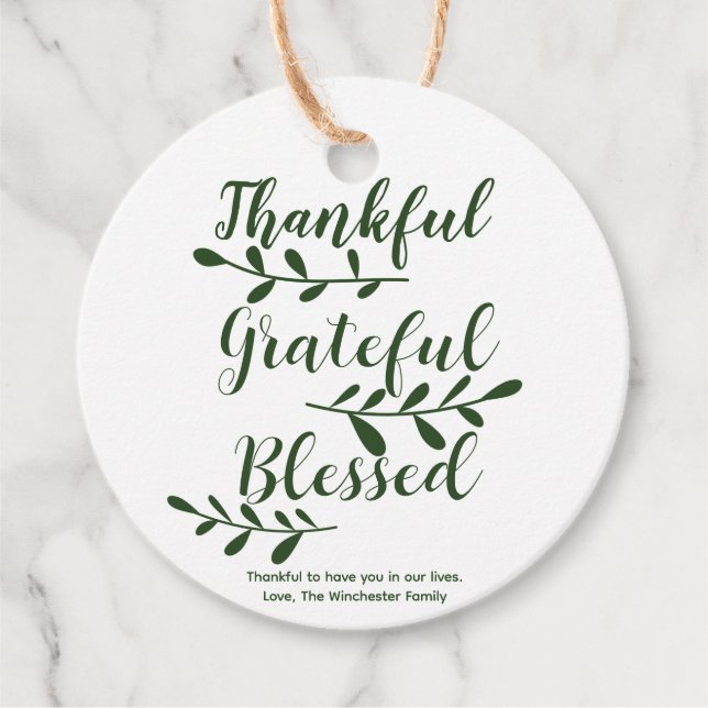 Étiquettes Cadeau Merci gracieuse Bienheureuse typographie vert fonc (Devant)