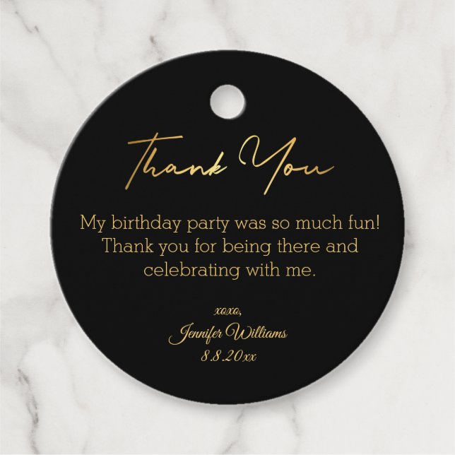 Étiquettes Cadeau merci joyeux anniversaire noir or luxe (Devant)