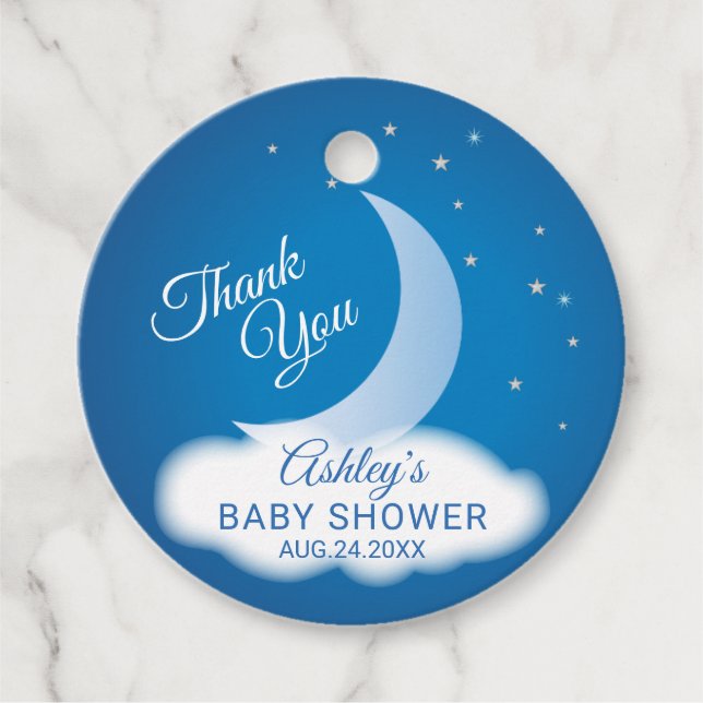 Étiquettes Cadeau Merci Lune et Etoiles Baby shower - Bleu/Blanc (Devant)