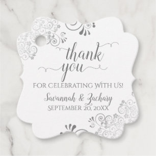 Étiquettes Cadeau Merci Mariage blanc et gris argenté