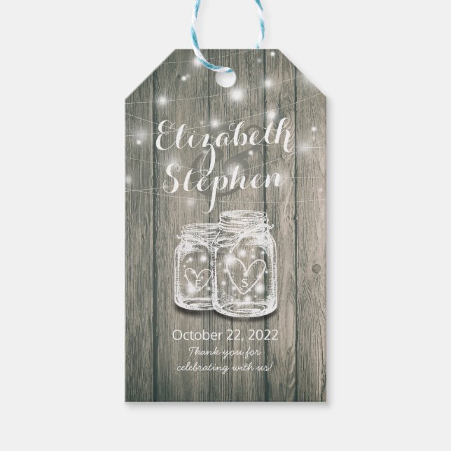 Étiquettes-cadeau Merci mariage cadeau bois rustique Mason Jar Lumiè (Devant)