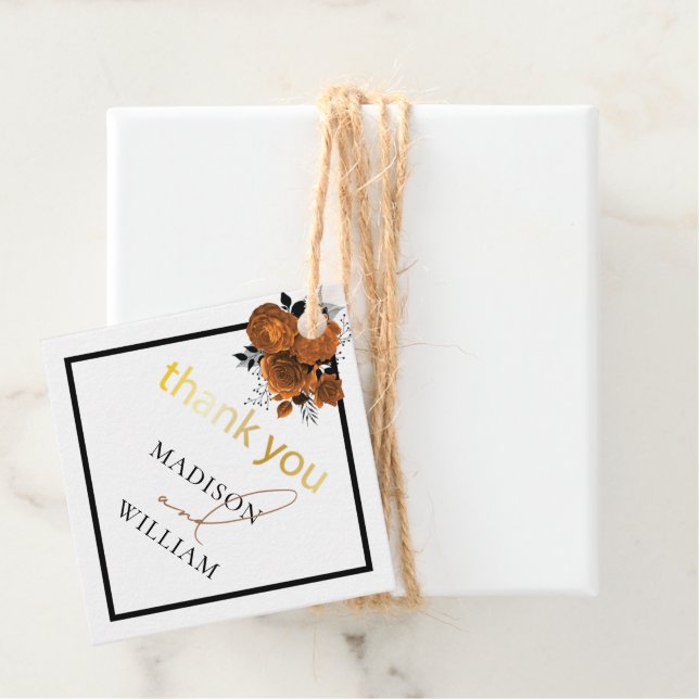 Étiquettes Cadeau Merci Mariage Floral Orange Noir Personnalisé (En situation)