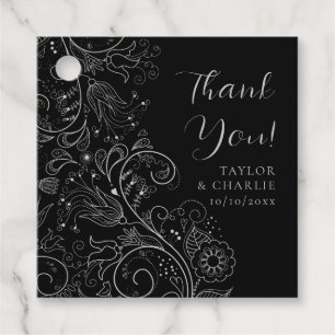 Étiquettes Cadeau Merci Mariage floral soyeux et noir