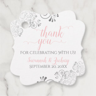 Étiquettes Cadeau Merci Mariage rose, blanc et gris argenté