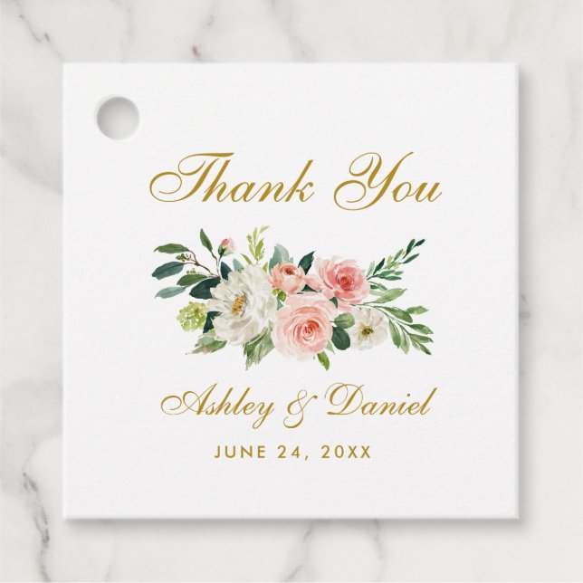 Étiquettes Cadeau Merci Mariage rose blanc Floral or (Devant)