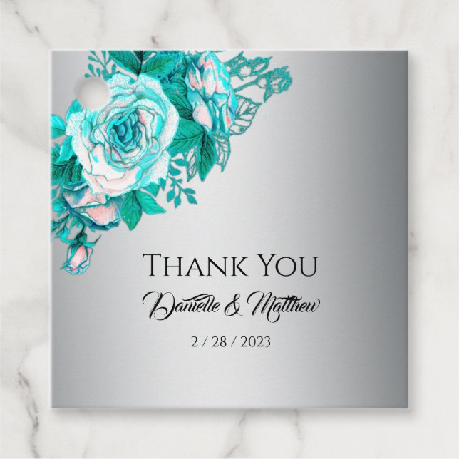 Étiquettes Cadeau Merci Mariage Rose d'argent et d'aqua (Devant)