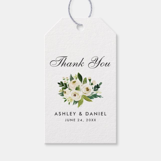 Étiquettes-cadeau Merci Mariage vert blanc aquarelle (Devant)