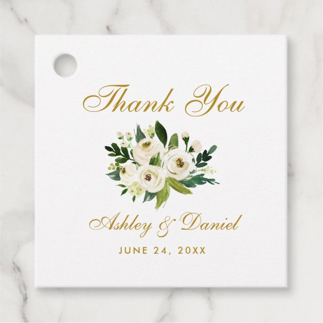 Étiquettes Cadeau Merci Mariage vert blanc Floral Or (Devant)