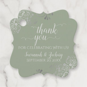 Étiquettes Cadeau Merci Mariage vert et gris argenté Frilly Sage