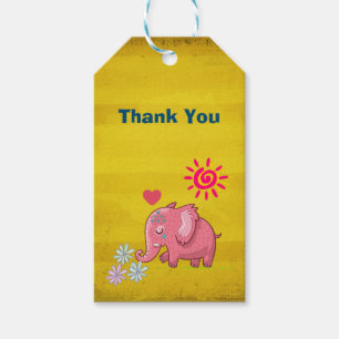 Étiquettes-cadeau Merci mignon avec éléphant rose et fleurs