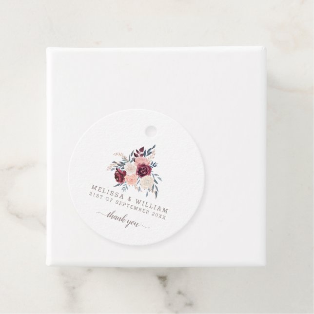 Étiquettes Cadeau Merci, Moderne Bourgogne Fleurs de Mariage Ivoire (En situation)