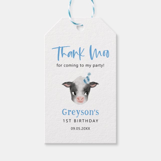 Étiquettes-cadeau Merci Moo Blue Cow fête d'anniversaire (Devant)