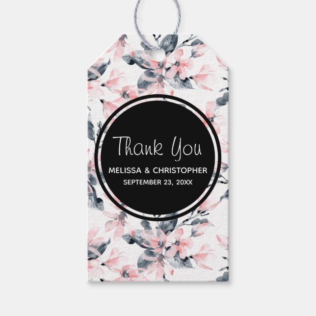 Étiquettes-cadeau Merci Motif rose et gris en aquarelle (Devant)