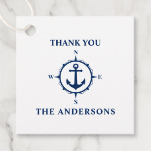 Étiquettes Cadeau Merci Nom de famille Compass Ancre Blanc & Bleu