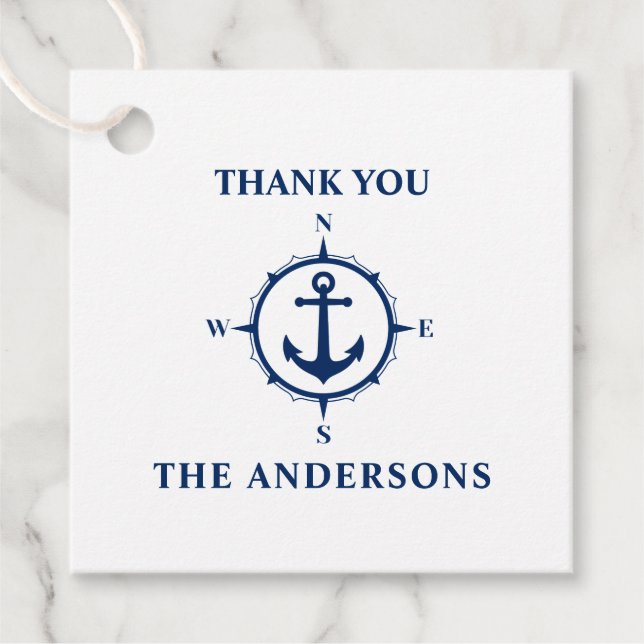 Étiquettes Cadeau Merci Nom de famille Compass Ancre Blanc & Bleu (Devant)