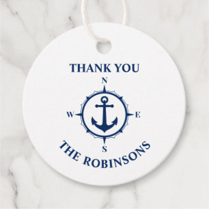Étiquettes Cadeau Merci Nom de famille Compass Ancre Bleu blanc