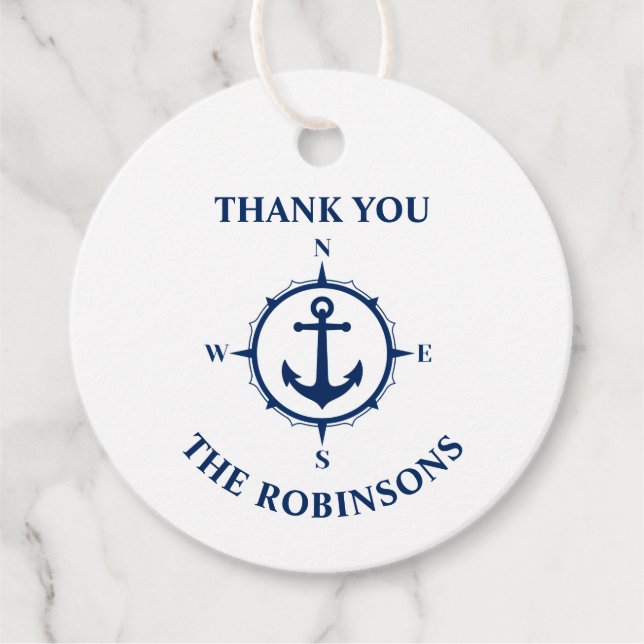 Étiquettes Cadeau Merci Nom de famille Compass Ancre Bleu blanc (Devant)