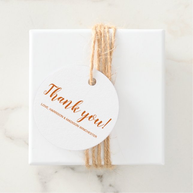 Étiquettes Cadeau Merci orange épice script personnalisé grâces (En situation)