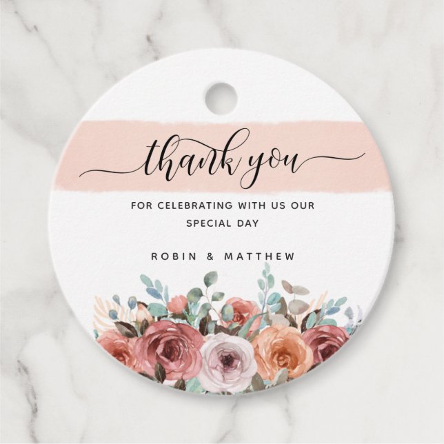 Étiquettes Cadeau Merci, Pêche, Blush, Fleur de menthe, Mariage (Devant)