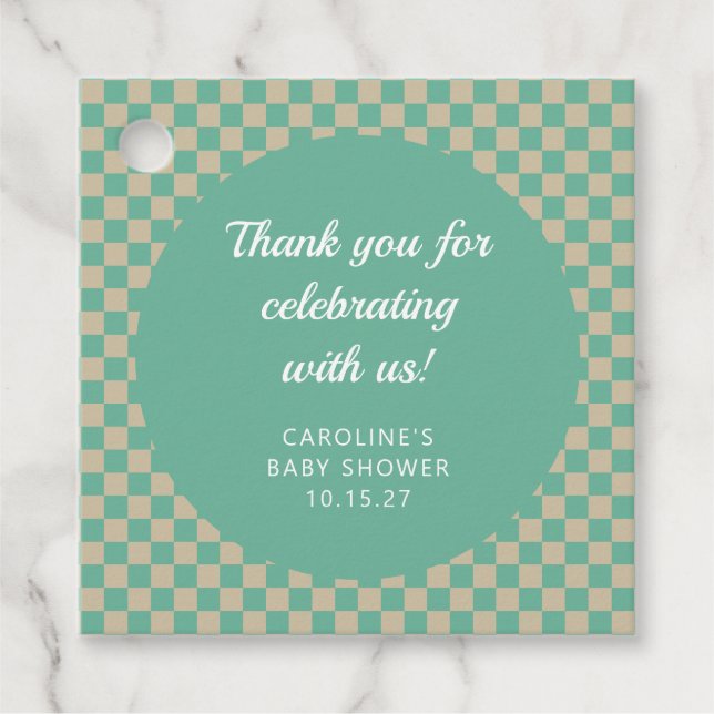 Étiquettes Cadeau Merci personnalisé Retro Checkerboard Mint Douche (Devant)