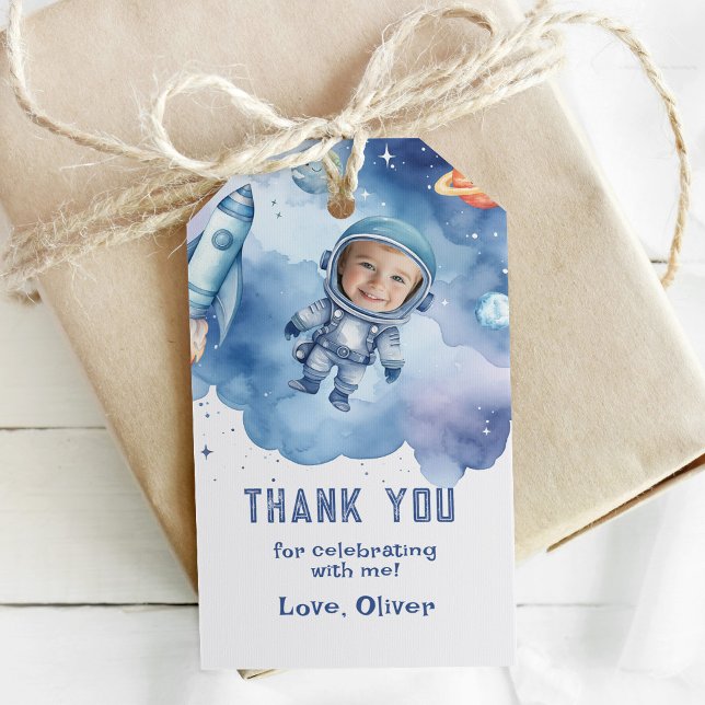 Étiquettes-cadeau Merci photo d'anniversaire de l'astronaute spatial (Créateur téléchargé)