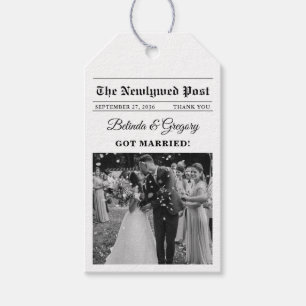 Étiquettes-cadeau Merci photo noir blanc du journal mariage