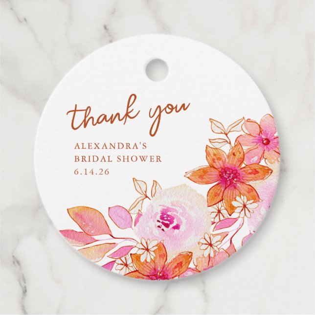 Étiquettes Cadeau Merci pour la douche de fleurs rose orange Boho (Devant)