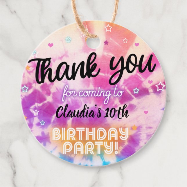 Étiquettes Cadeau Merci pour l'anniversaire de la fille Tiedye. (Devant)