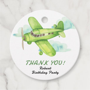 Étiquettes Cadeau Merci pour l'anniversaire de l'avion vert aquarell