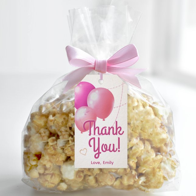 Étiquettes-cadeau Merci pour l'anniversaire rose féminin (Easily personalize these cute pink "Let's Party" favor tags with just a few clicks.)