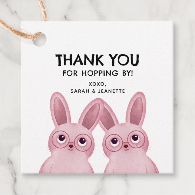 Étiquettes Cadeau "Merci pour passer" avec deux lapins roses (Devant)