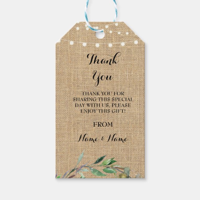 Étiquettes-cadeau Merci Tag Floral dans Love Lumières Burlap Mariage (Devant)