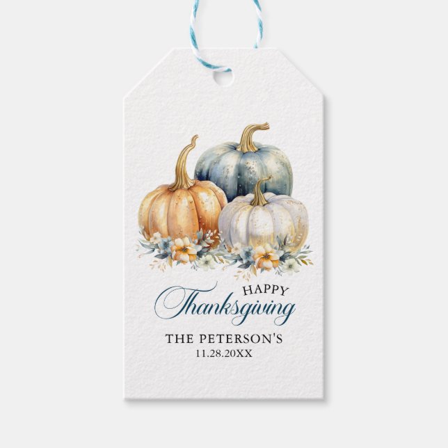 Étiquettes-cadeau Merci Thanksgiving Blue Orange Gold Citrouilles (Devant)