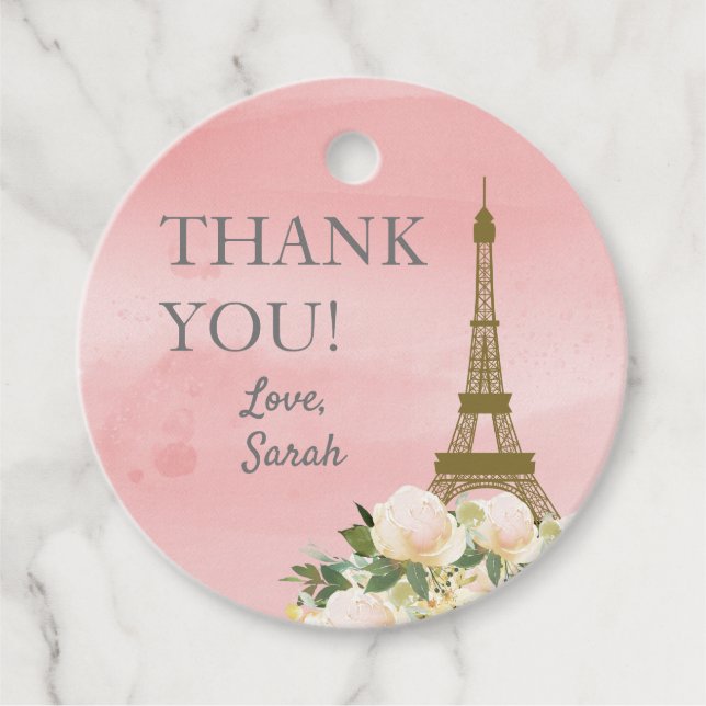 Étiquettes Cadeau Merci Tour Eiffel rose et or (Devant)