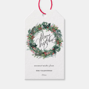 Étiquettes-cadeau Merry Christmas Botanical Berry Wreath